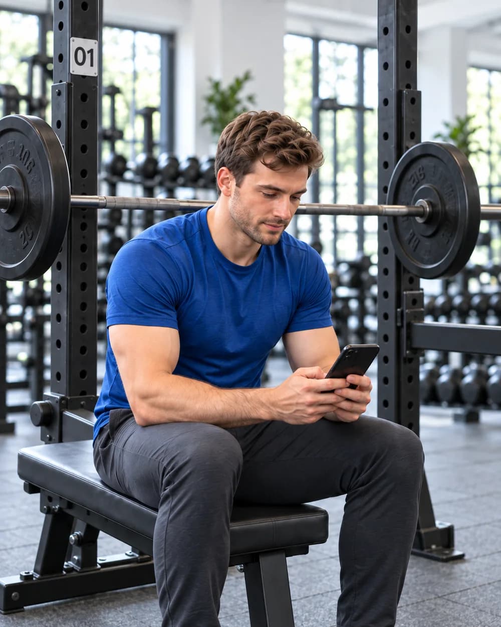 Ein junger Mann hält zwischen zwei Sätzen sein Handy in der Hand, hinter ihm die Trainingsstation 01.